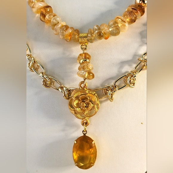 Natural Yellow Citrine Beads & Barbed Chain Two Strand Gold Plated Necklace - Picture 4 of 9